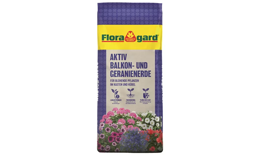 Torfreduzierte Spezialerde für die Bepflanzung von Kübel und Balkonkästen mit Geranien und anderen Sommerblumen